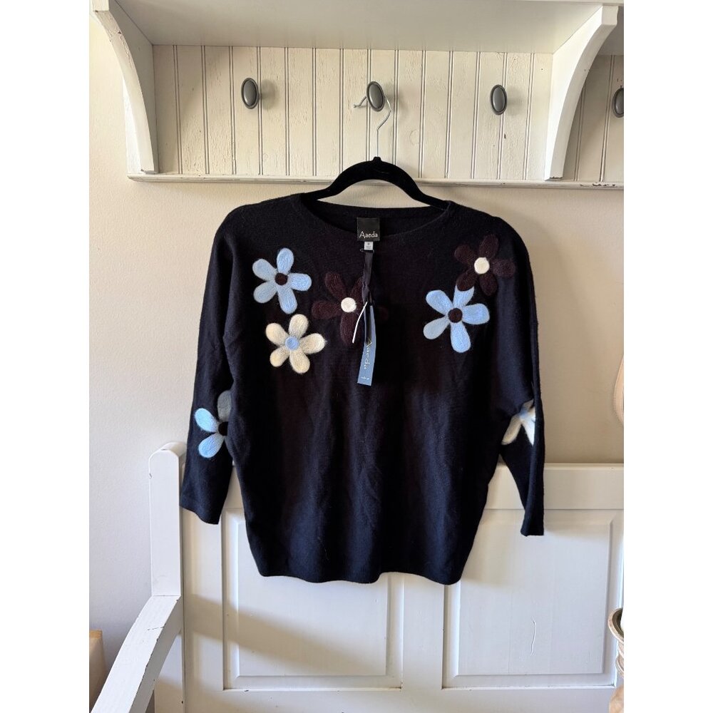 Aecda Floral Appliqué Knit Sweater New With Tags | Black Textured Flower Sweater